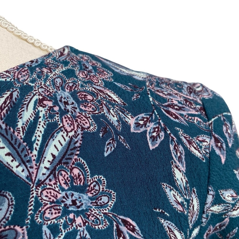 Garnet Hill Teal Floral Dress XS 0 V Neck Pleated Pockets Lined Viscose - Picture 12 of 15